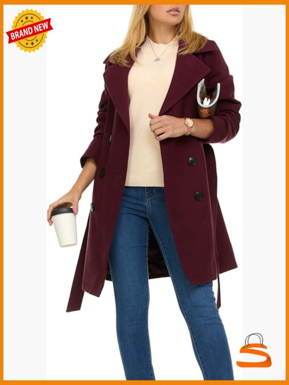 Double-Breasted Faux Wool Trench Coat Structured Fit - Picture 1 of 7